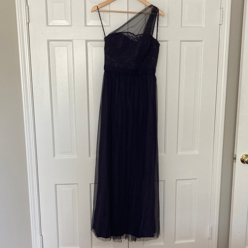 Amsale size 8 deep purple eggplant One-Shoulder Dress. Worm once, dry cleaned
